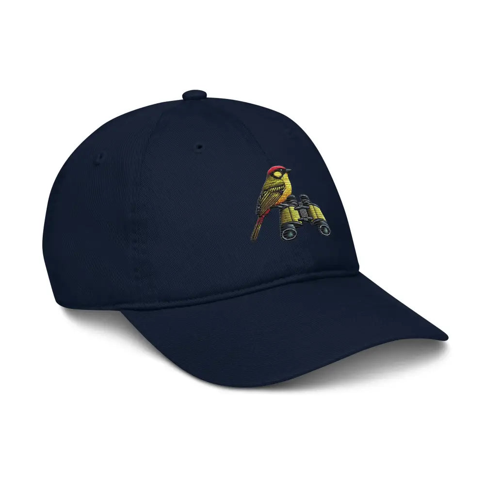 Embroidered bird watcher cotton dad hat in navy blue with bird and binoculars