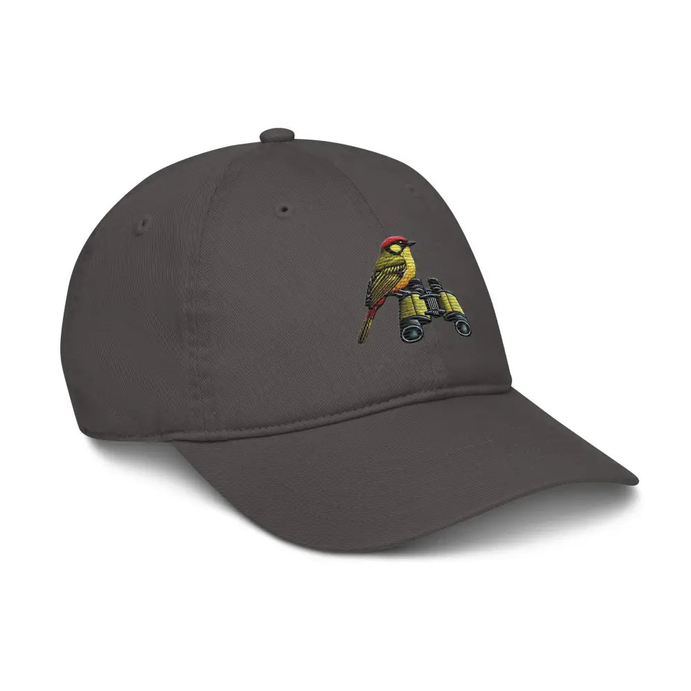 Dark gray Trini Skies embroidered bird watcher cotton dad hat with binoculars bird