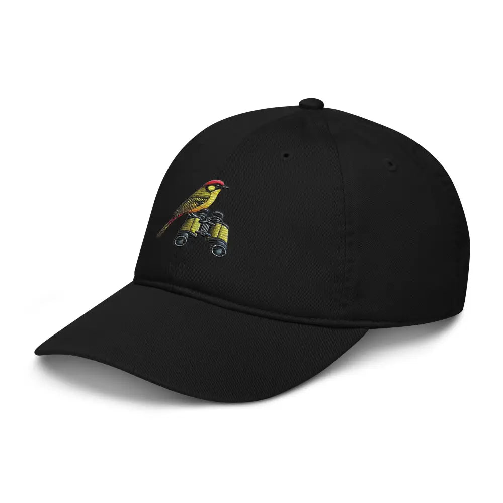 Embroidered bird watcher cotton dad hat with black cap and bird on binoculars