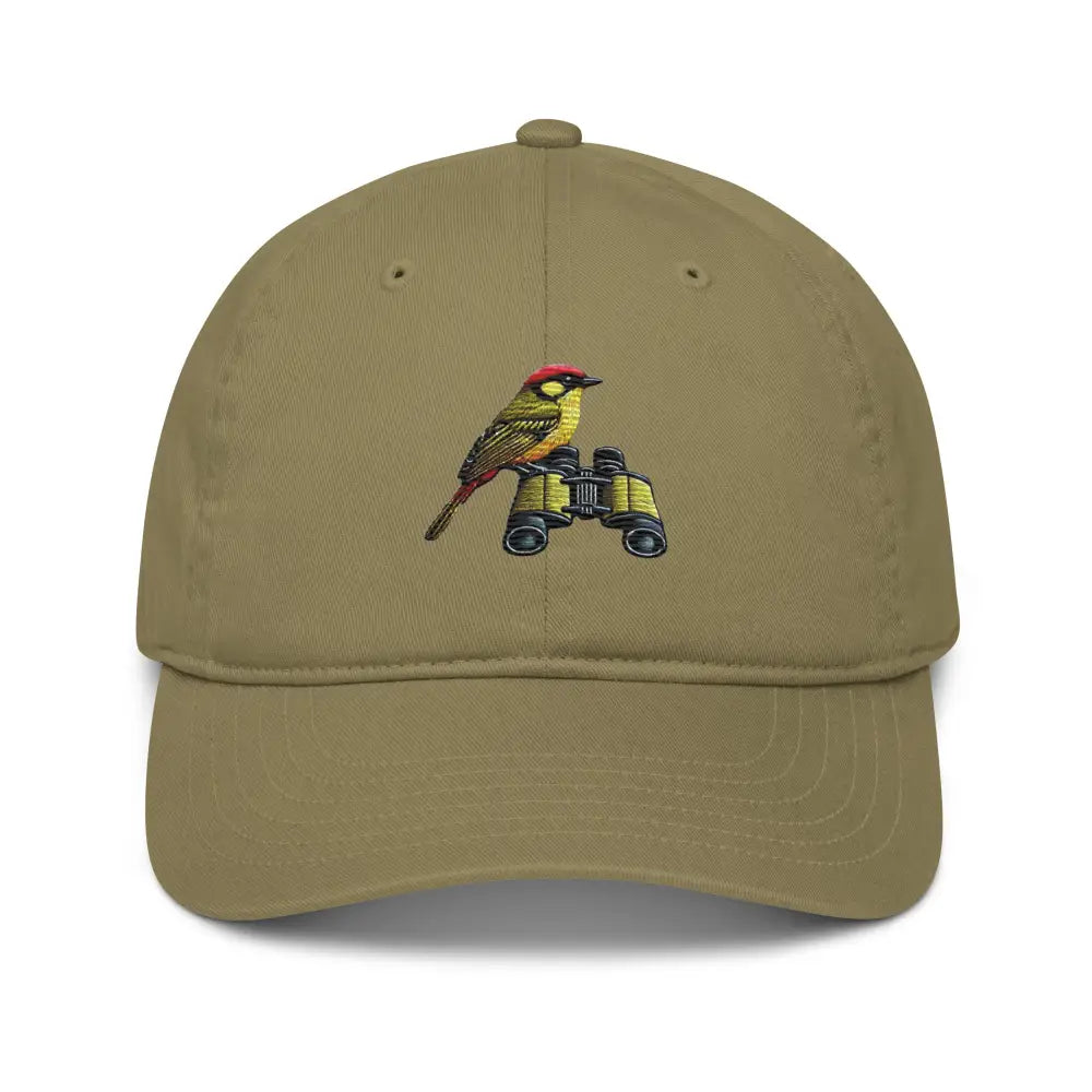 Embroidered Bird Watcher Cotton Dad Hat in Khaki with Bird and Binoculars