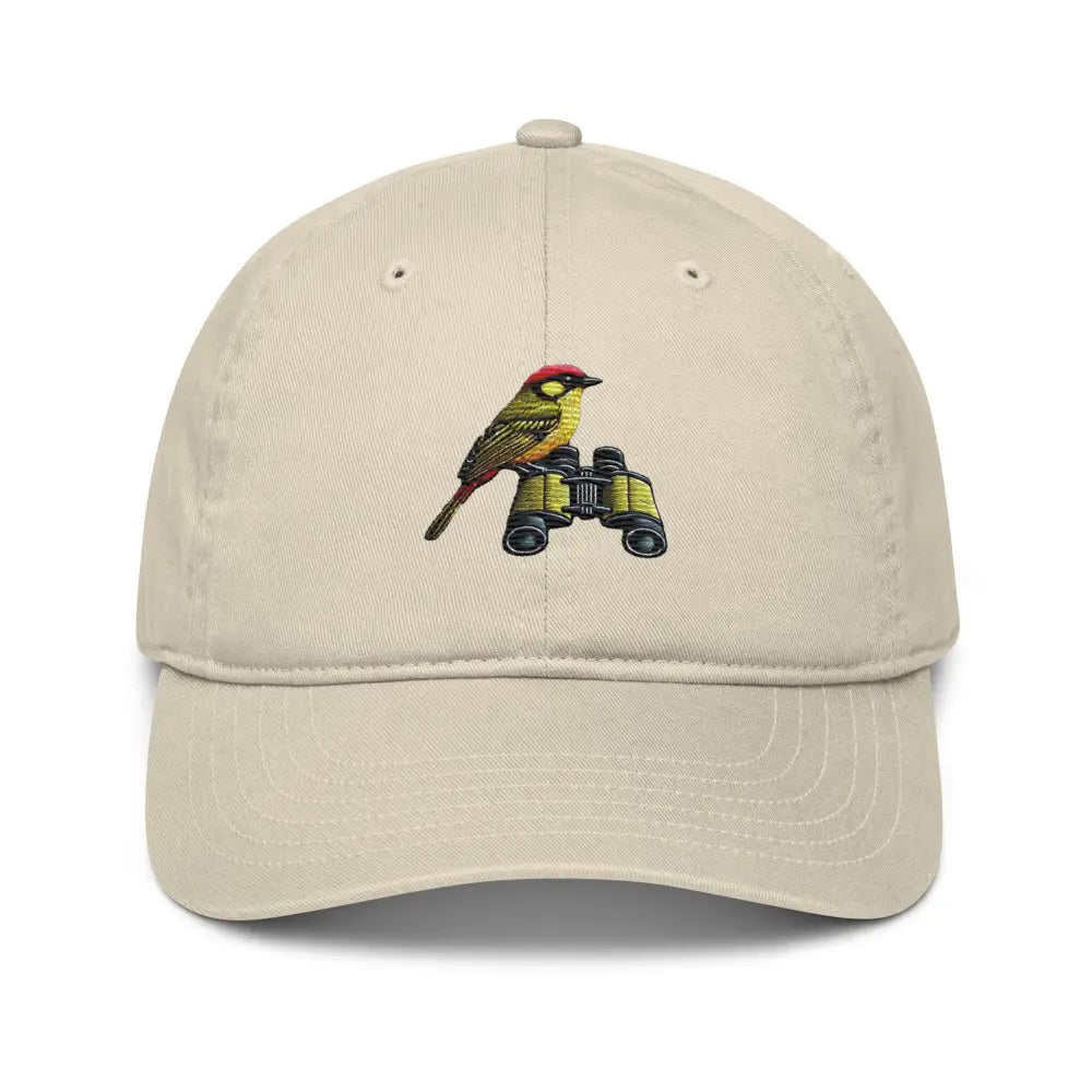 Embroidered bird watcher cotton dad hat with bird on binoculars