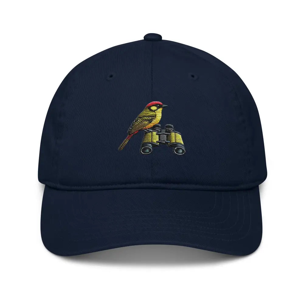 Embroidered bird watcher cotton dad hat with Trini Skies bird on binoculars