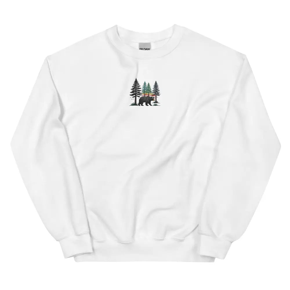 White embroidered Black Bear Pine Tree Forest sweatshirt