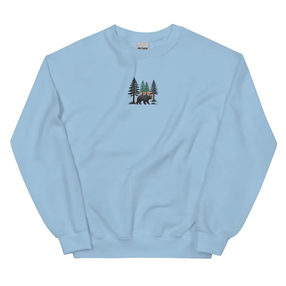 Light blue embroidered pine tree forest sweatshirt with bear design