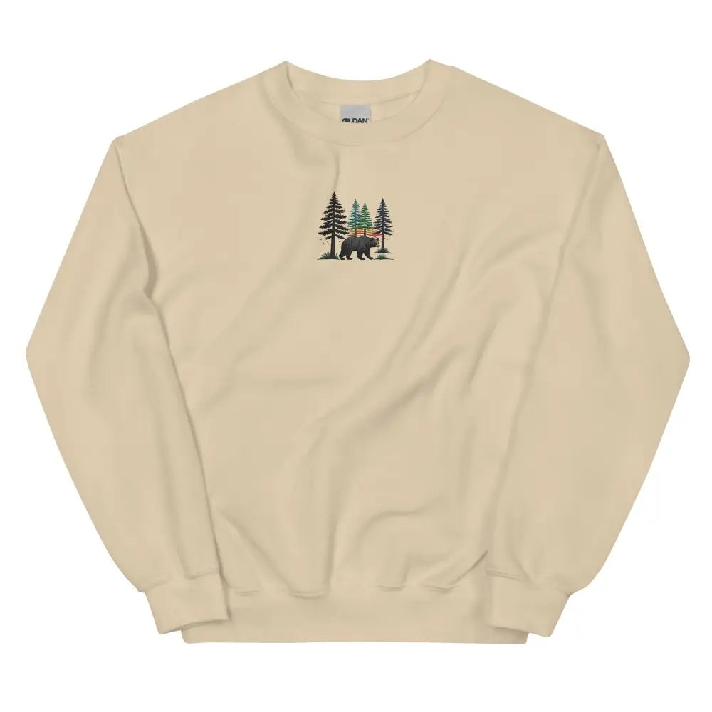 Beige embroidered pine tree forest sweatshirt with black bear graphic