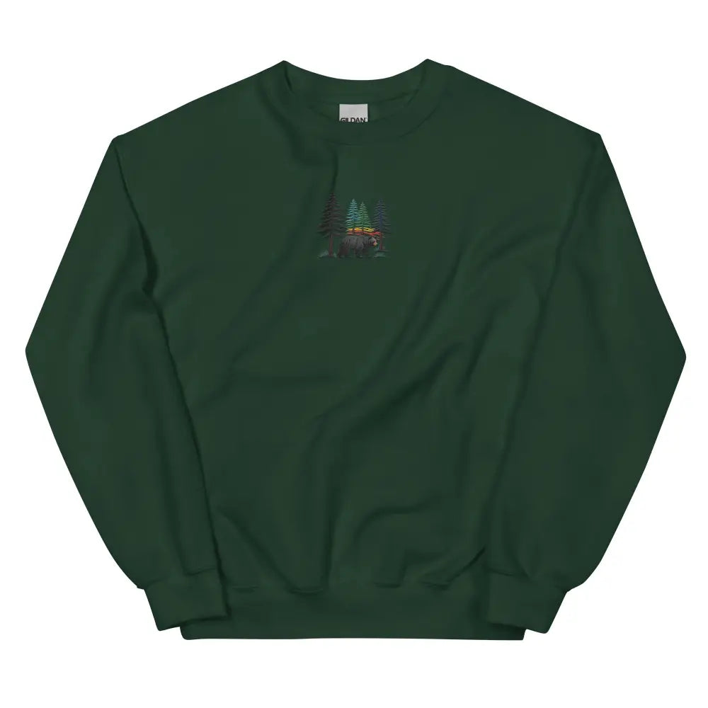 Dark green embroidered pine tree forest sweatshirt with mountain design