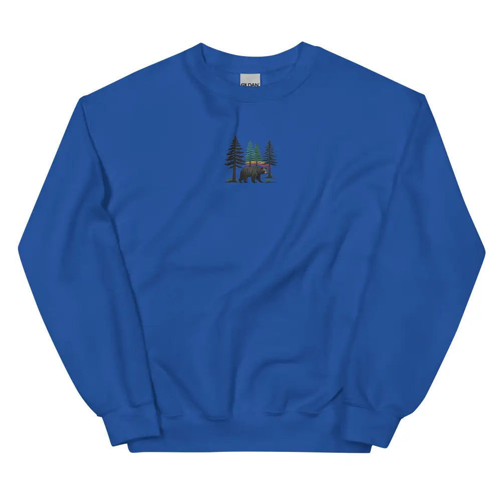 Royal blue embroidered forest sweatshirt with bear and pine tree