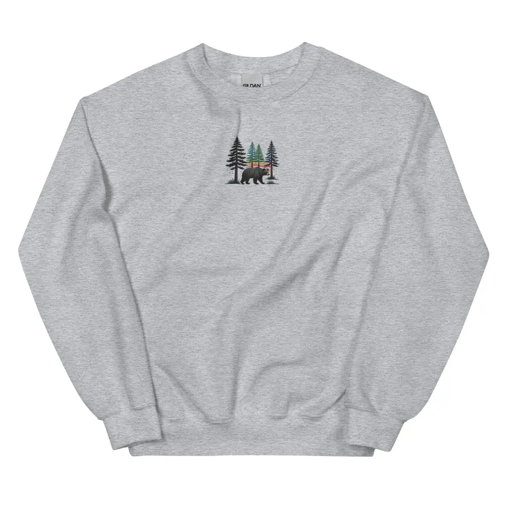 Heather grey embroidered forest sweatshirt with bear and pine tree graphic