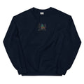Dark blue embroidered pine tree forest sweatshirt with bear design