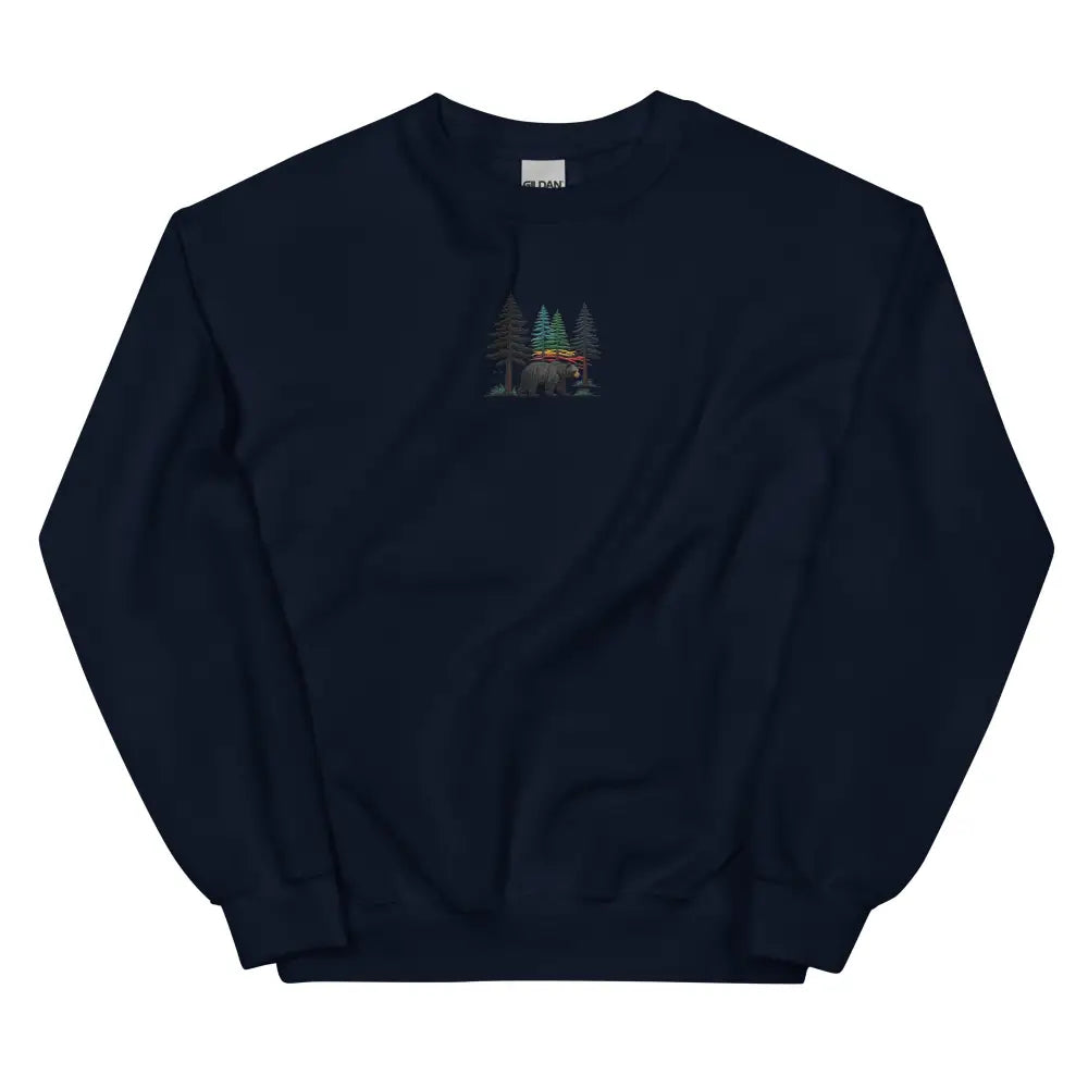 Dark blue embroidered pine tree forest sweatshirt with bear design