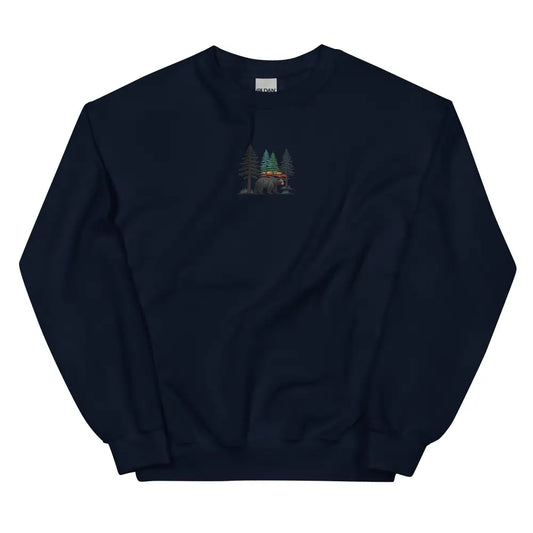 Dark blue embroidered pine tree forest sweatshirt with bear design