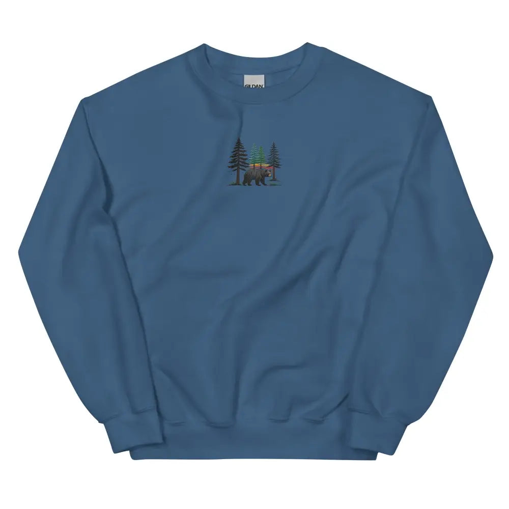 Blue embroidered pine tree forest bear on crewneck sweatshirt