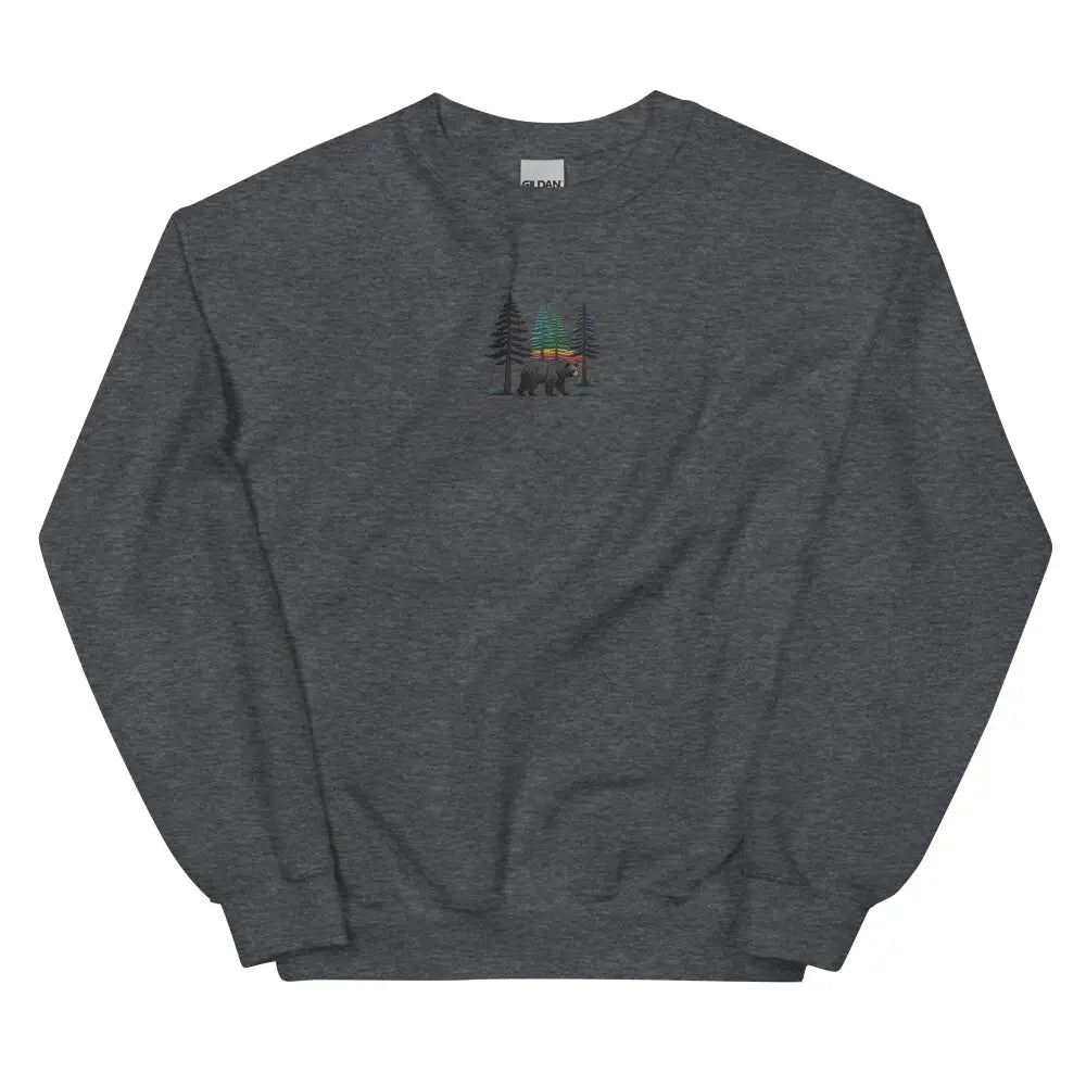 Dark gray embroidered pine tree forest sweatshirt with bear design