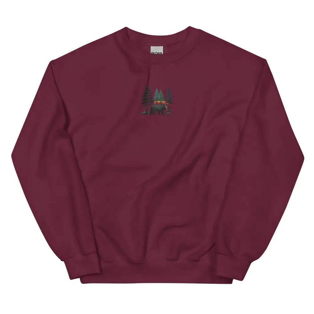Maroon embroidered pine tree forest sweatshirt with black bear design