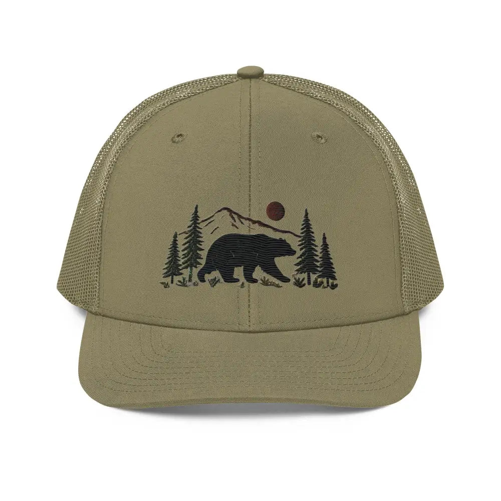 Olive green embroidered black bear wildlife trucker cap