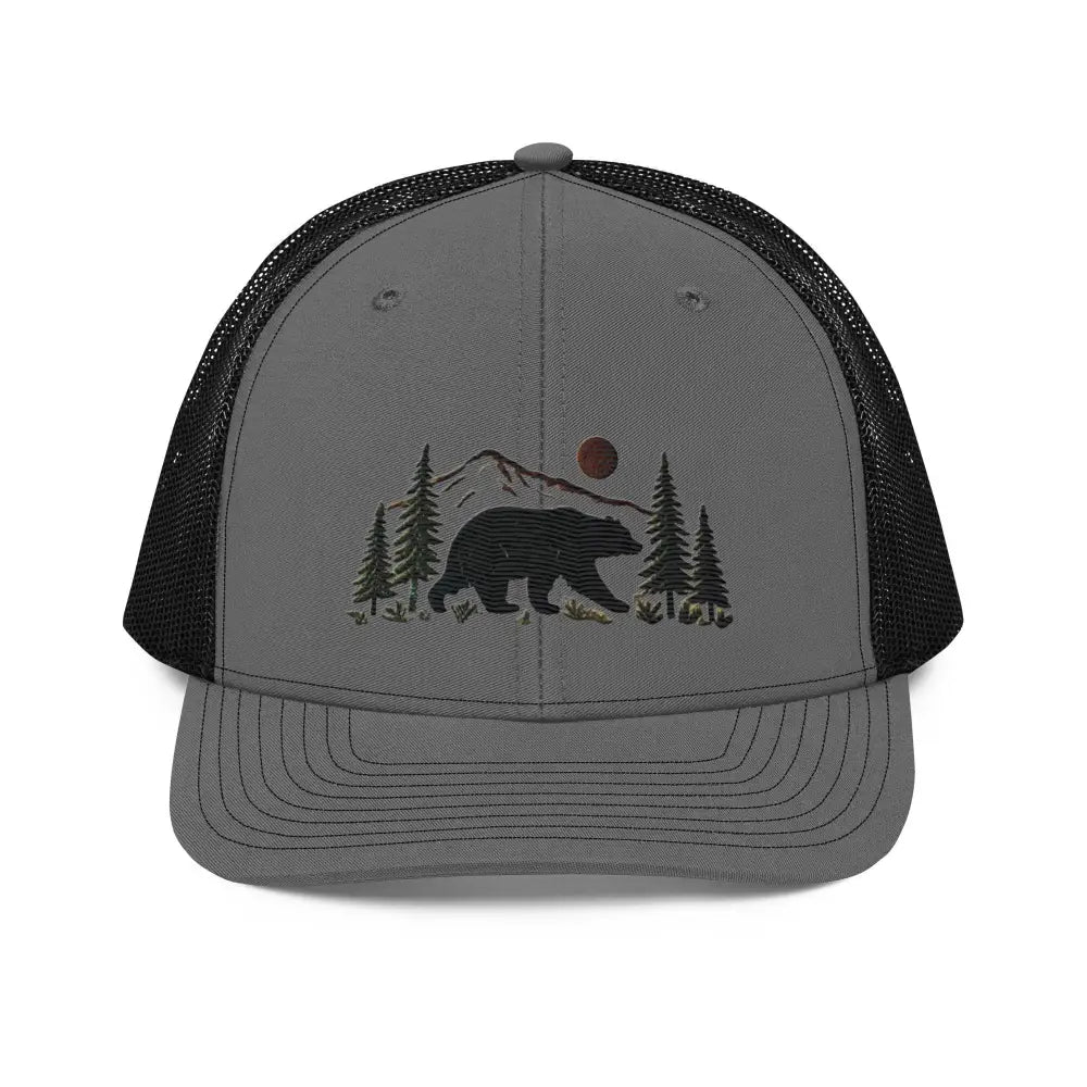 Embroidered black bear wildlife trucker cap with gray front and black mesh back