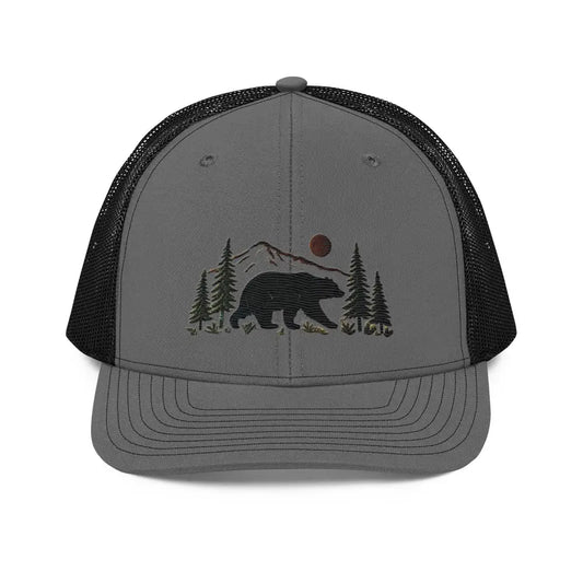 Embroidered Black Bear Wildlife Trucker Cap Nature-Inspired Hat Richardson 112 - Charcoal/Black / Adults / Unisex