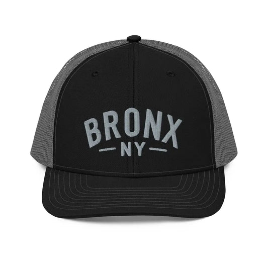 Embroidered ’Bronx NY’ Trucker Hat Adjustable Snapback Mid-Profile - Black / Charcoal - Hats black grey mesh trucker