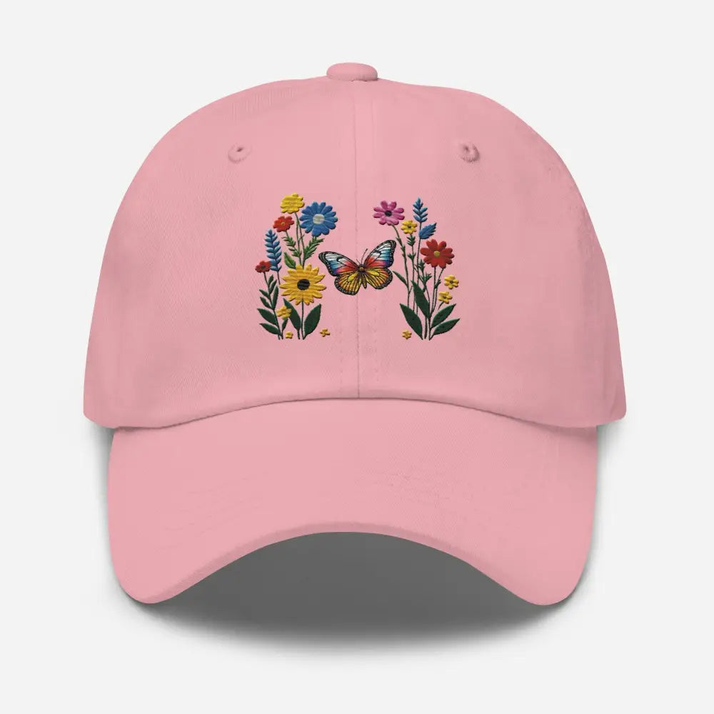 Pink flower dad hat with embroidered butterfly, embracing nature’s beauty