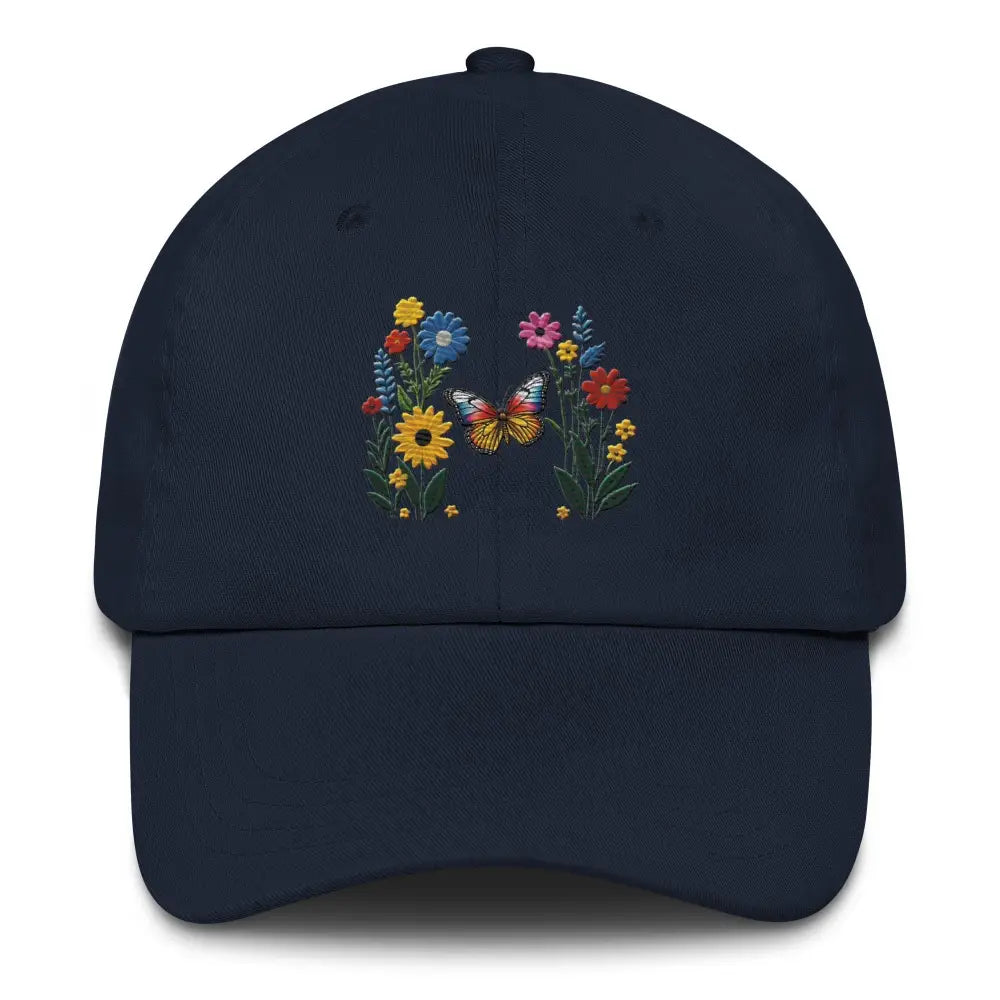 Navy blue flower dad hat with embroidered butterfly and colorful floral design to embrace nature’s beauty