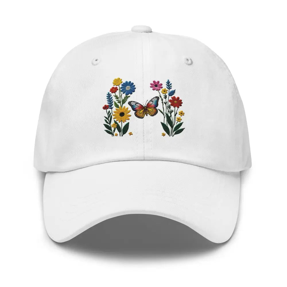 White flower dad hat with embroidered butterfly and floral embroidery embracing nature’s beauty