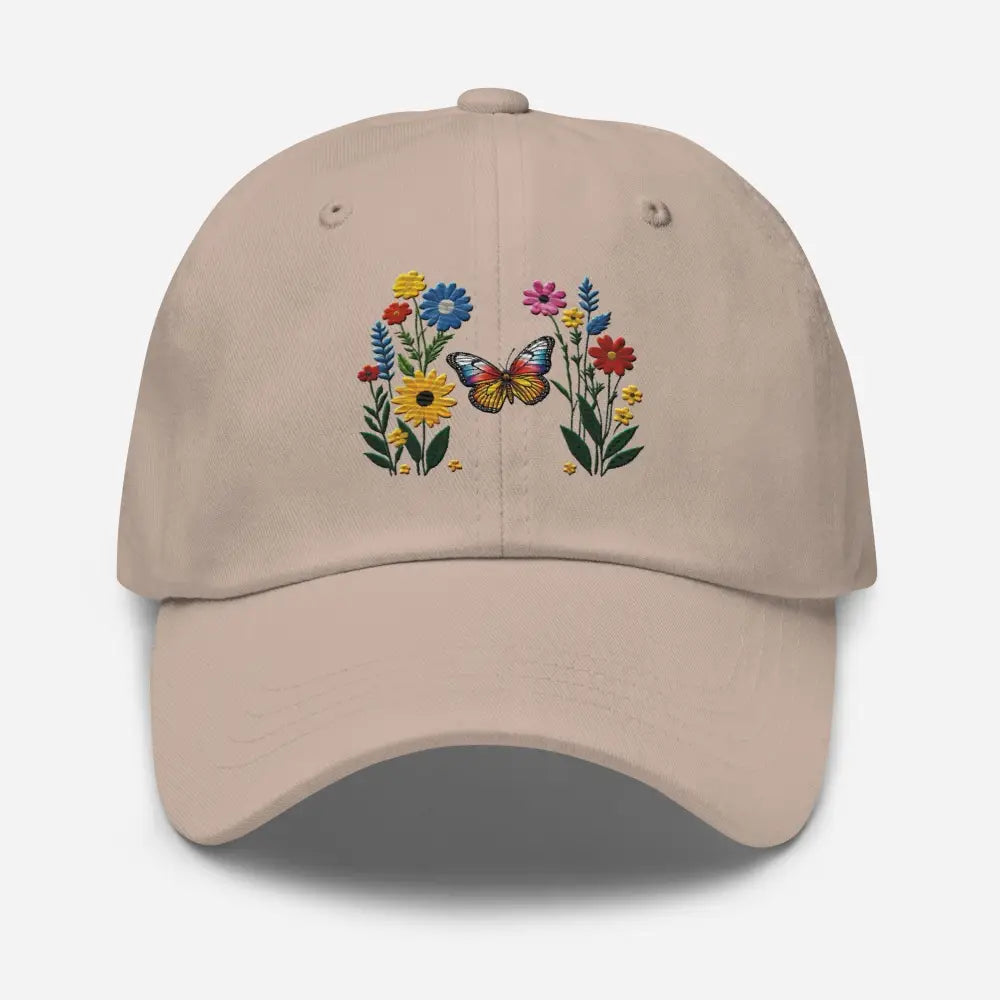 Beige flower dad hat with embroidered butterfly and colorful flowers embracing nature’s beauty