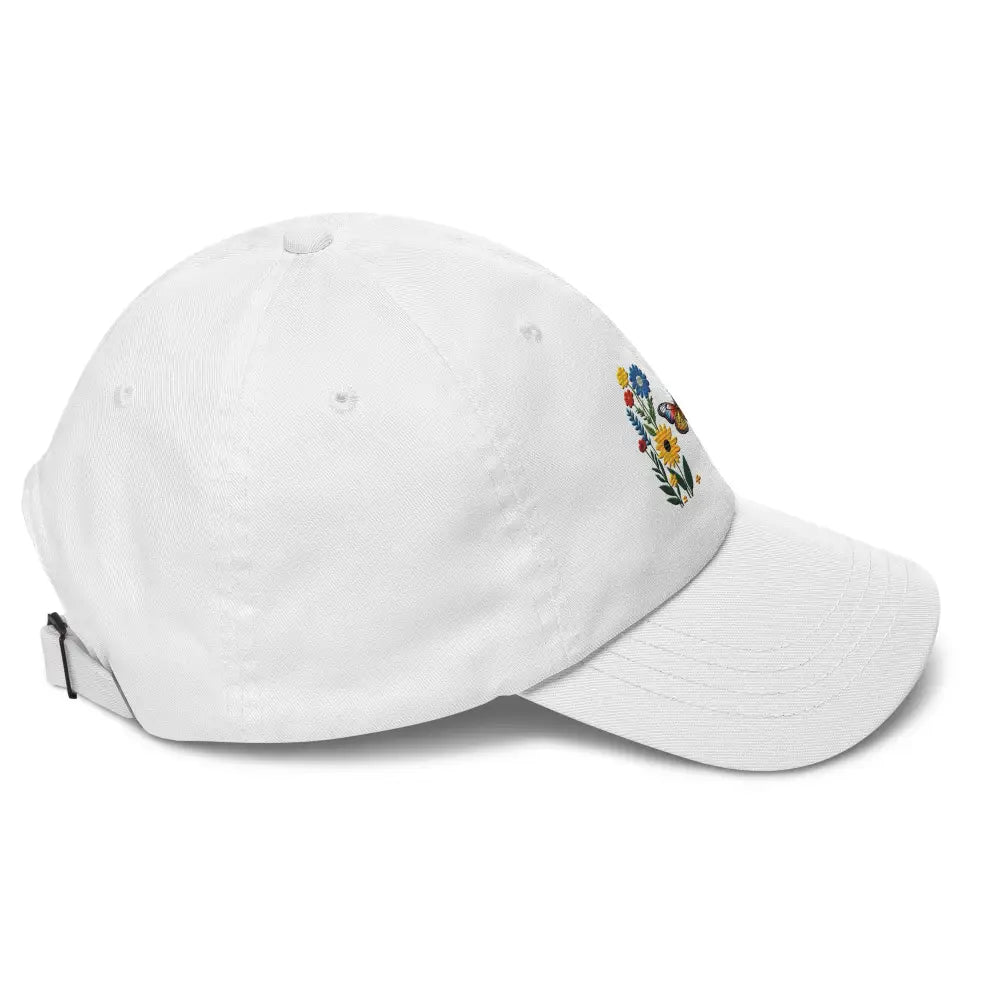 White flower dad hat with embroidered butterfly and colorful floral embroidery embrace nature’s beauty