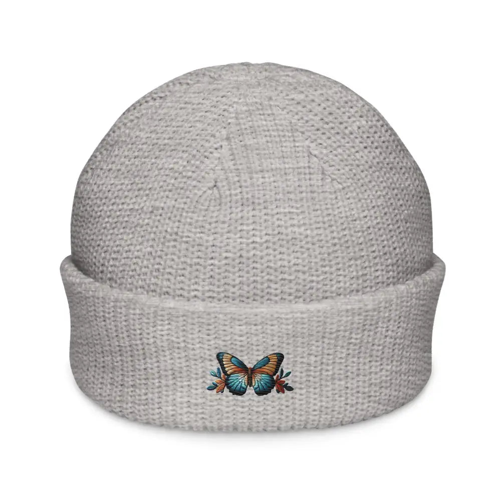 Trini Skies embroidered butterfly fisherman beanie in light grey ribbed knit