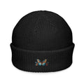 Trini Skies embroidered butterfly fisherman beanie in black knit