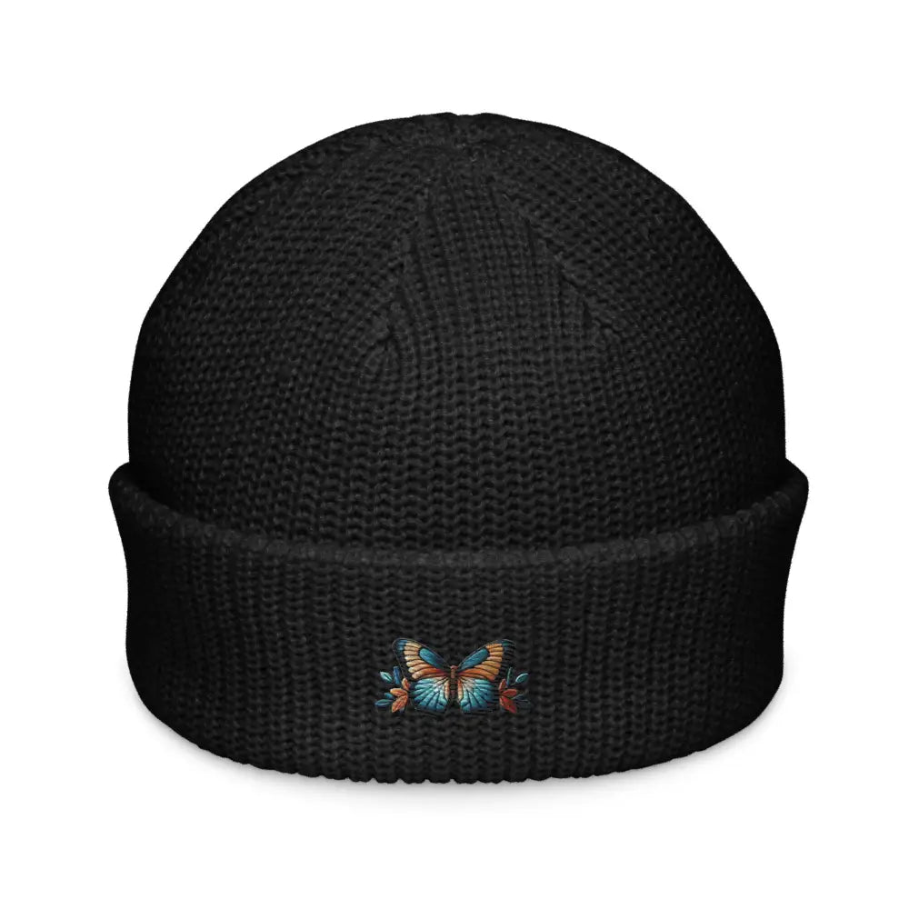 Trini Skies embroidered butterfly fisherman beanie in black knit