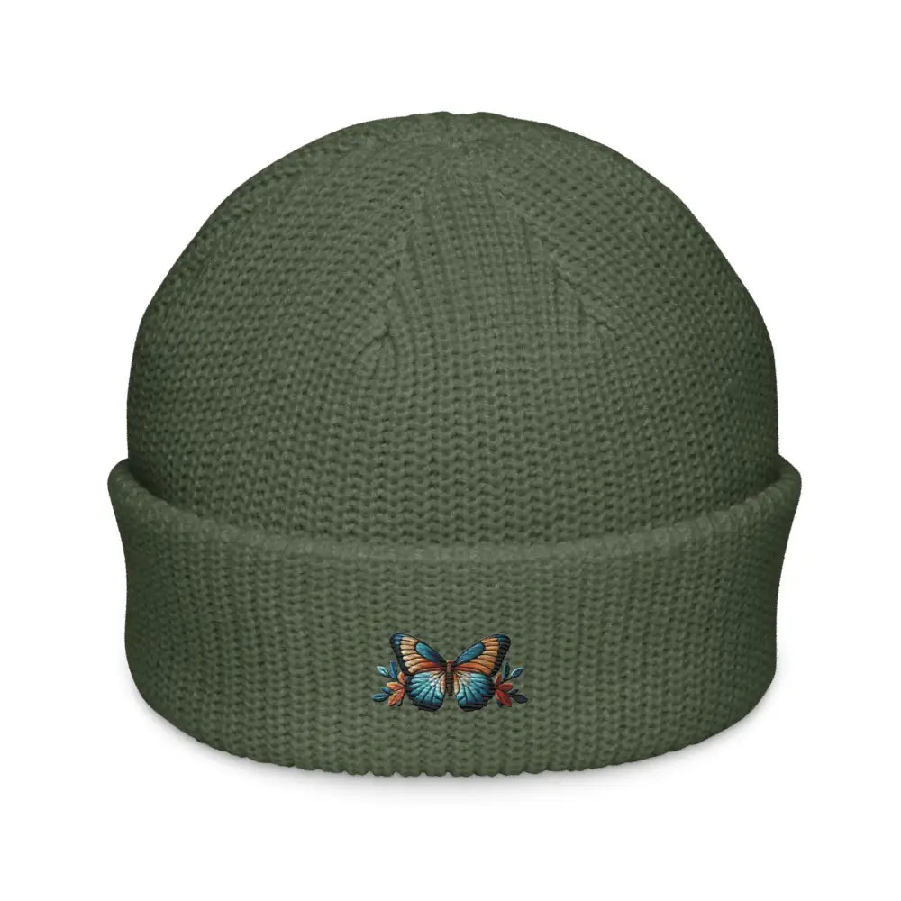 Trini Skies olive green embroidered butterfly fisherman beanie