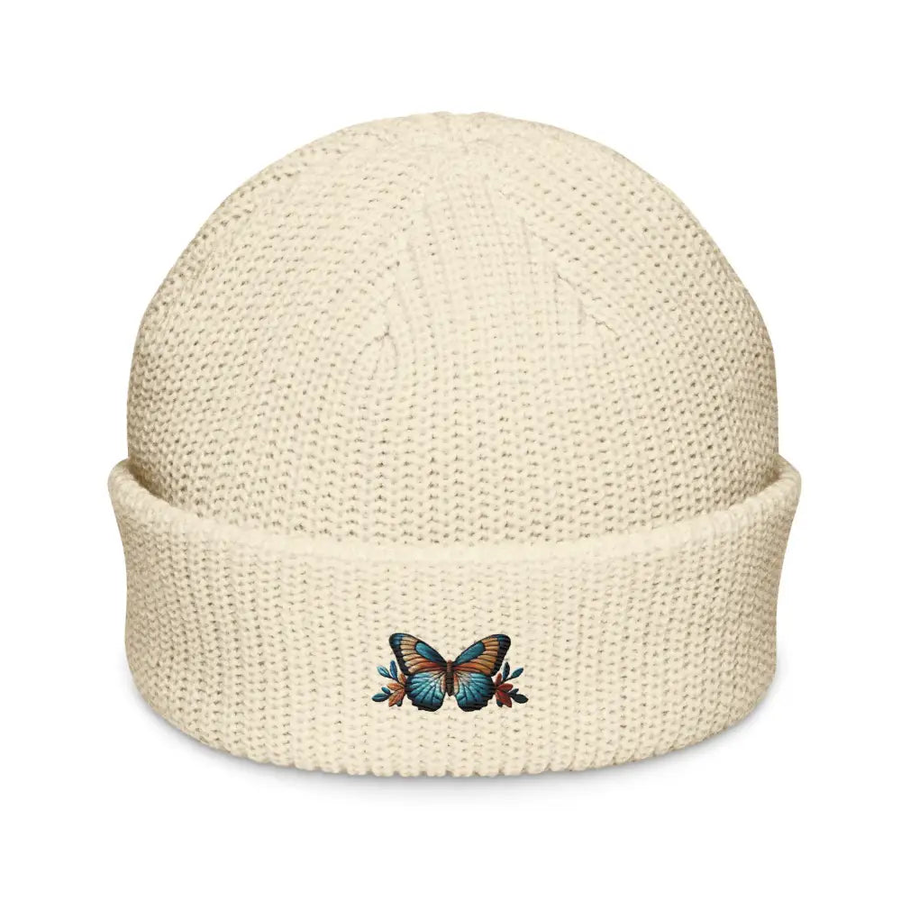 Trini Skies cream knit embroidered butterfly fisherman beanie