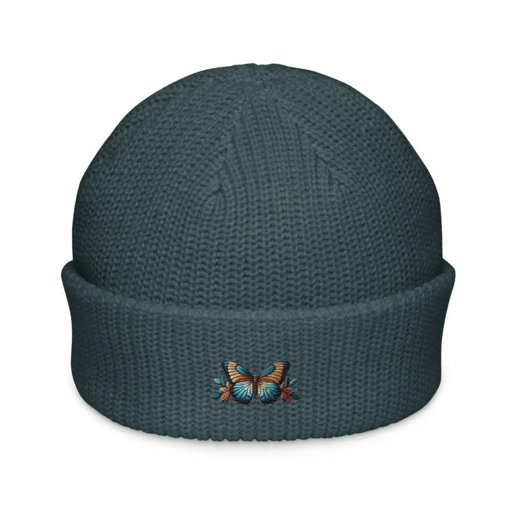 Trini Skies embroidered butterfly fisherman beanie in dark teal knit