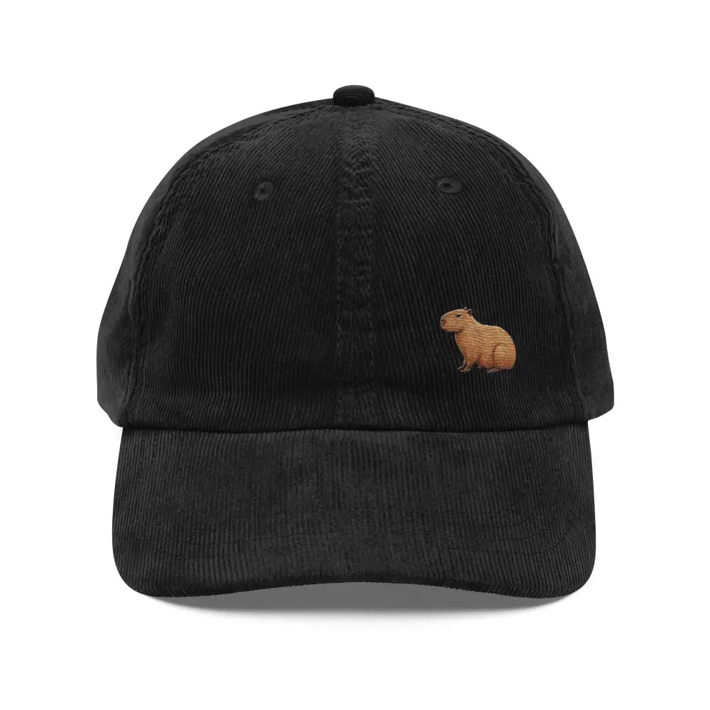 Embroidered capybara on black corduroy dad hat by Trini Skies