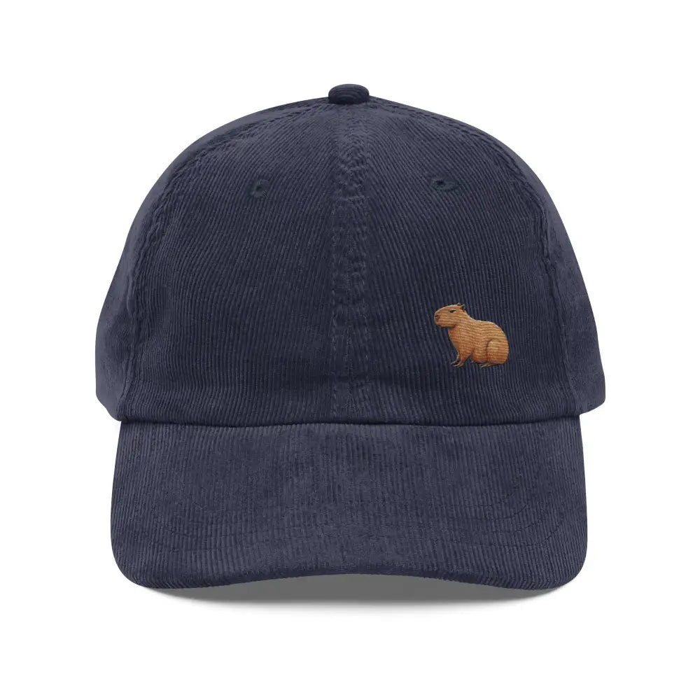 Embroidered capybara on navy blue corduroy dad hat by Trini Skies
