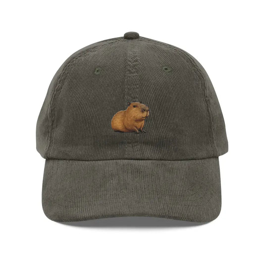 Embroidered Capybara Corduroy Dad Hat Trendy Animal Lover Baseball Cap - Olive - Hats corduroy baseball cap embroidered