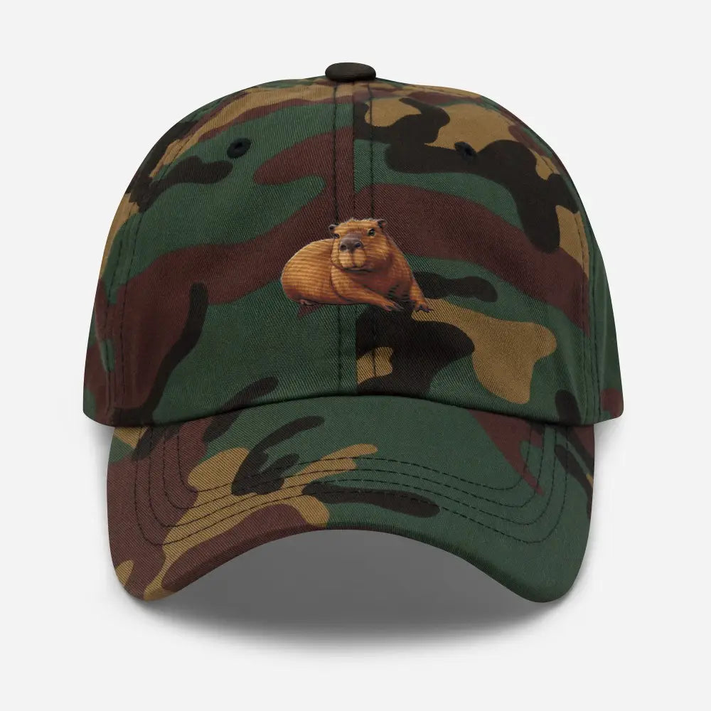 Embroidered capybara dad hat from Trini Skies in camouflage