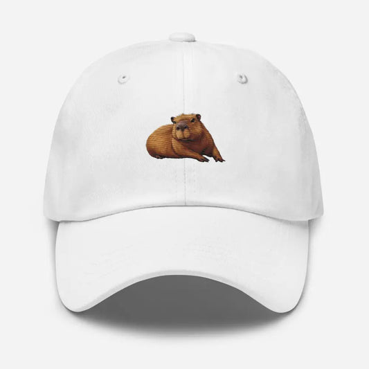 Embroidered Capybara Dad Hat Adjustable Unisex Baseball Cap Cute Animal Gift - White - Hats white baseball cap capybara