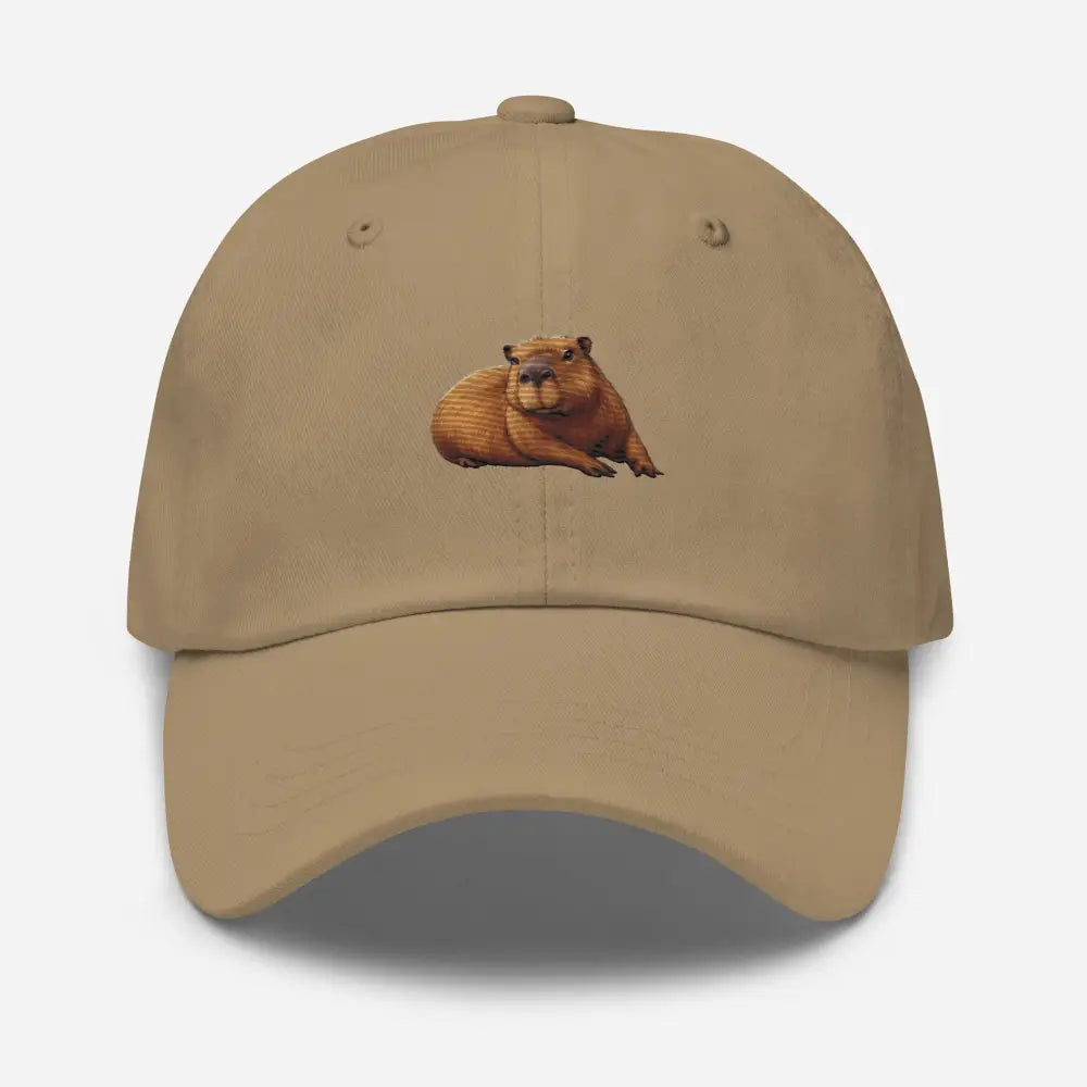 Tan embroidered capybara dad hat by Trini Skies Supply