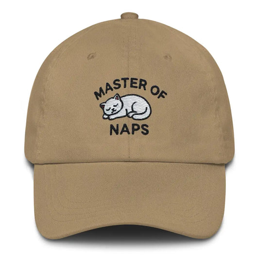 Embroidered Cat Hat Master of Naps Funny Humor Dad hat - Khaki - Hats tan baseball cap embroidered cat 1