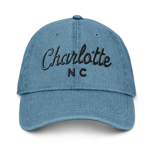 Embroidered Charlotte NC Denim Hat | North Carolina Travel Cap | Gift Idea - Blue - Hats light blue denim baseball cap 1