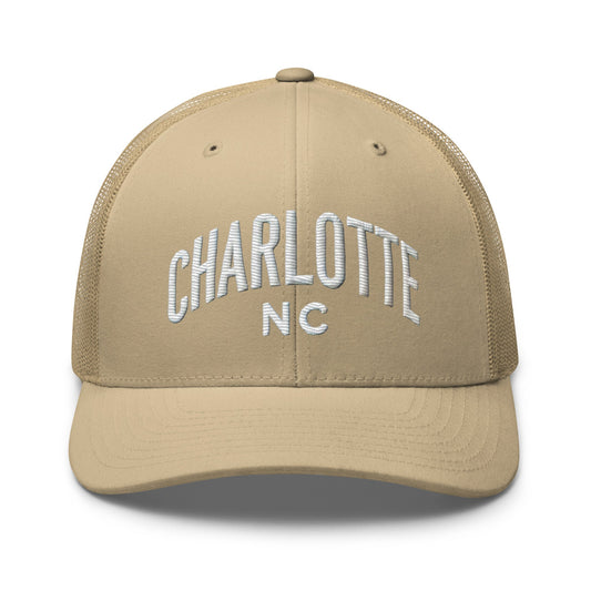 Embroidered Charlotte NC Trucker Cap | Classic Mesh Back Hat - Khaki - Hats tan trucker hat charlotte nc 1