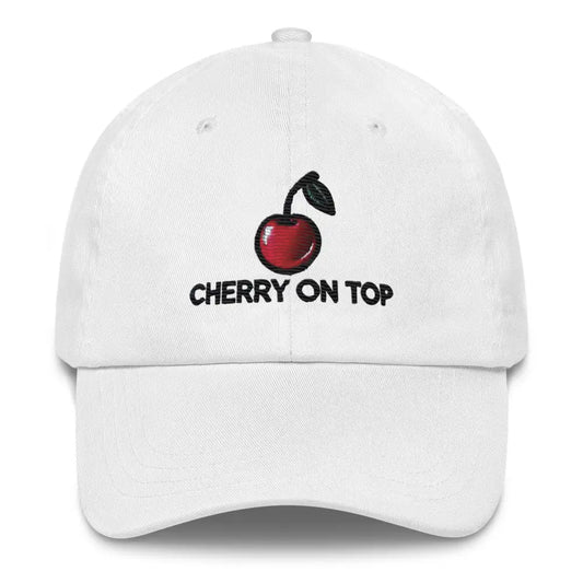 Embroidered Cherry On Top Dad Hat – Stylish & Comfortable Fruit Party - White - Hats white baseball cap embroidered