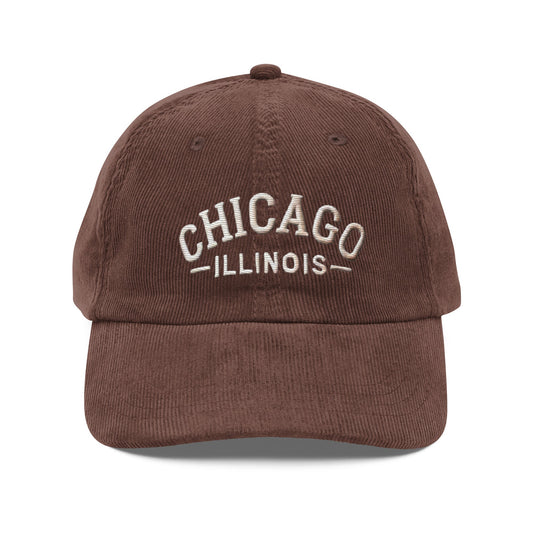 Embroidered Chicago Illinois Vintage Corduroy Cap | Travel & Vacation Hat - Brown - Hats brown corduroy baseball cap