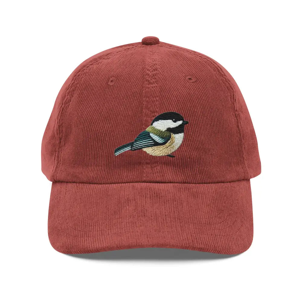 Red embroidered chickadee on vintage corduroy cap by Trini Skies