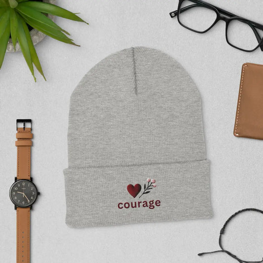 Embroidered ’Courage’ Cuffed Beanie – Unisex Warm and Hypoallergenic Hat - Heather Grey - light grey beanie embroidered