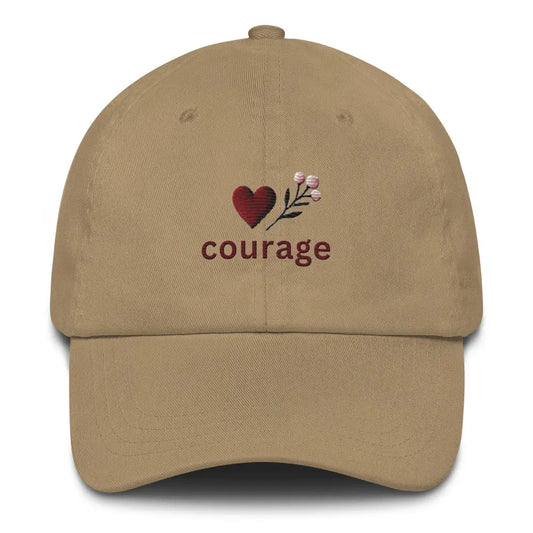 Embroidered ’Courage’ Dad Hat – Adjustable Low Profile Empower Uplifting - Khaki - Hats tan embroidered baseball cap