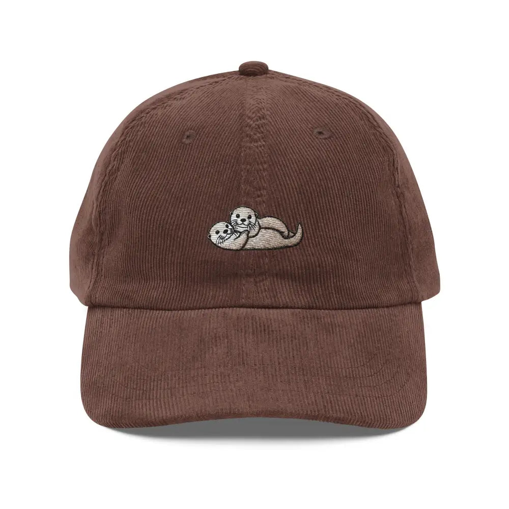 Cuddling otters embroidered corduroy cap in brown vintage style
