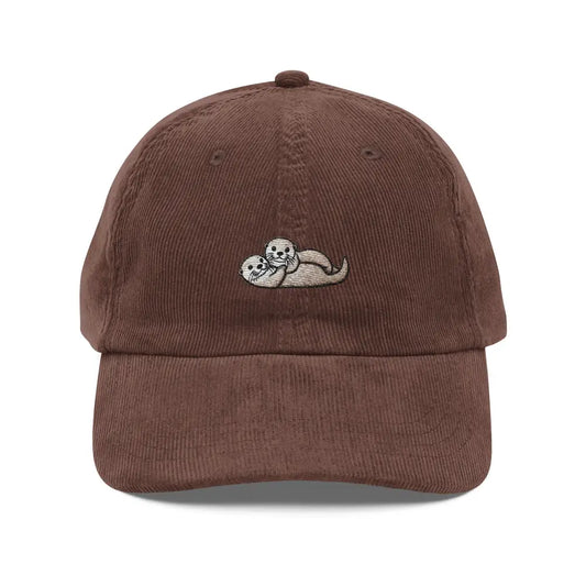 Embroidered Cuddling Otters Corduroy Hat Cute Vintage Animal Cap - Brown - Hats brown corduroy baseball cap embroidered