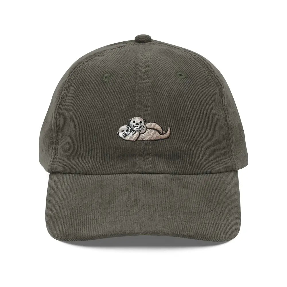 Olive green embroidered corduroy cap with cuddling otters